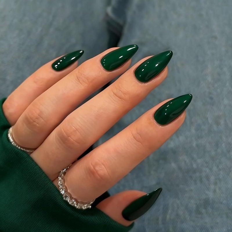 KQueenest 48 Pcs Almond Press on Nails Medium Length, Emerald Green Fake Nails Press on, Solid Color Stiletto Glue on Nails Medium, Gel Stick on Nails for Women Winter Wear - Image 1
